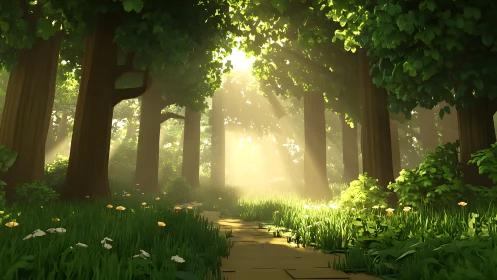 Forest colonnade with sunlight filtering through trees