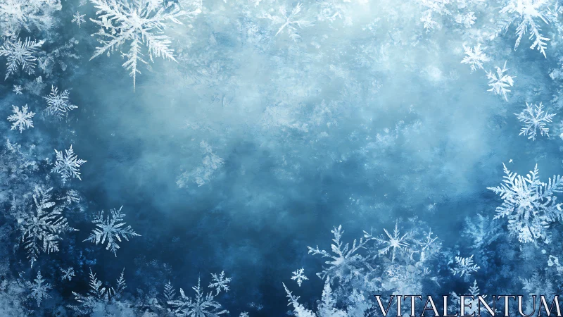 Intricate white snowflakes frame textured icy blue background