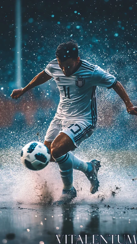 Dynamic soccer striker kicking through rain-soaked pitch.