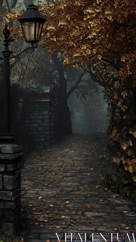 Autumn stone pathway under lamppost in misty tree corridor.
