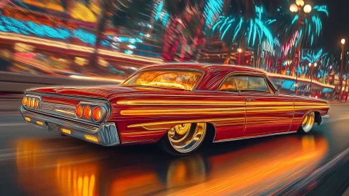 Lowrider coupe accelerates through neon city using motion streaks