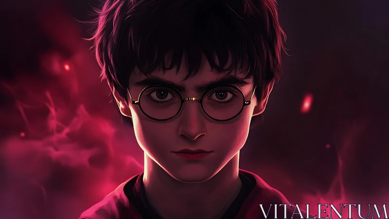 Young wizard portrait glows within intense crimson magic haze