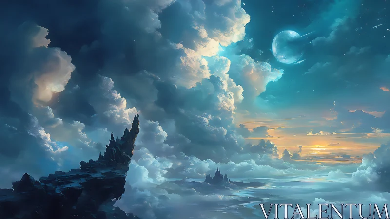 Lunar-lit stratocumulus sky over jagged basalt promontory