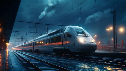 High speed train at night station in heavy rainstorm.