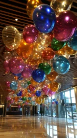 Colorful glasslike balloons float above a gleaming lobby.