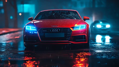 Red coupe on wet city street under blue night lighting.