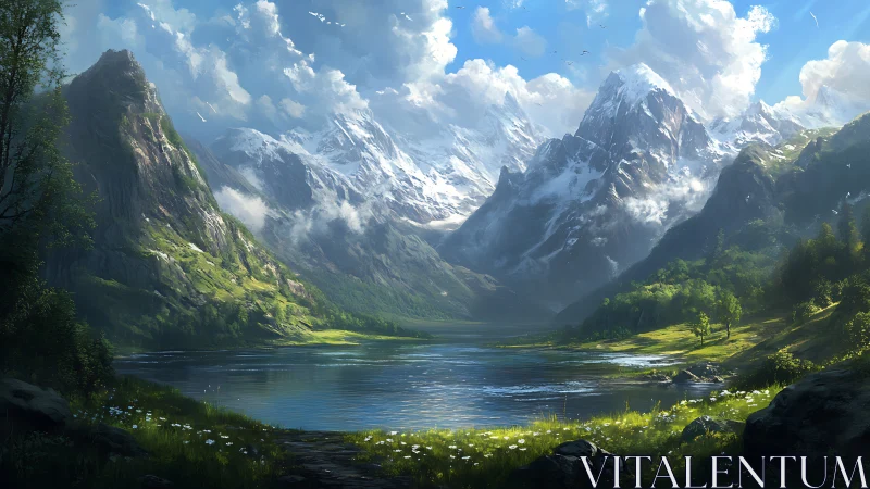 Expansive alpine valley rendered in luminous digital landscape art