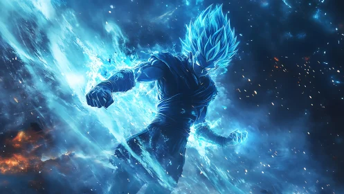 Blue energy warrior in explosive cosmic impact vortex