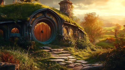 Cozy hilltop hobbit house basks in warm golden sunset light.