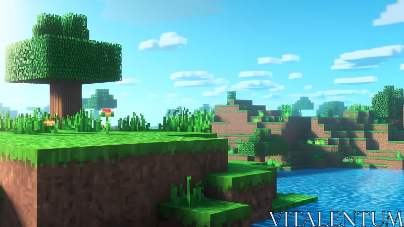 Voxel landscape renders stylized riverside plateau in bright daylight