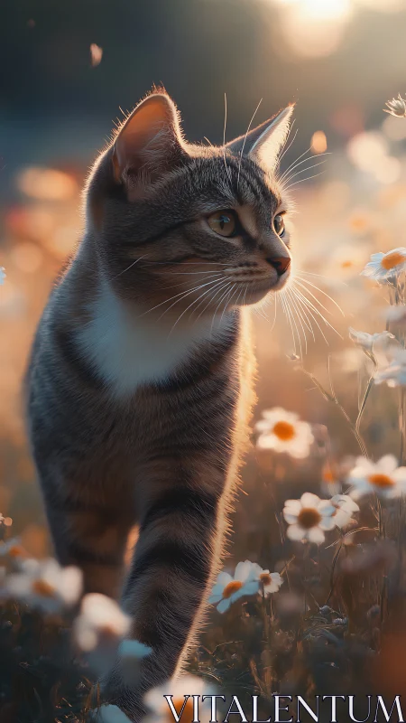 Cat Among Daisies in Golden Sunlight.