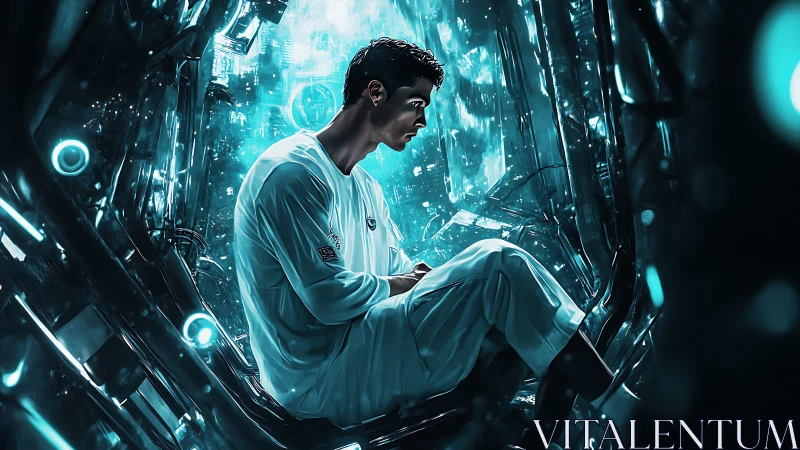 Man in futuristic pod with blue illuminated technology field.