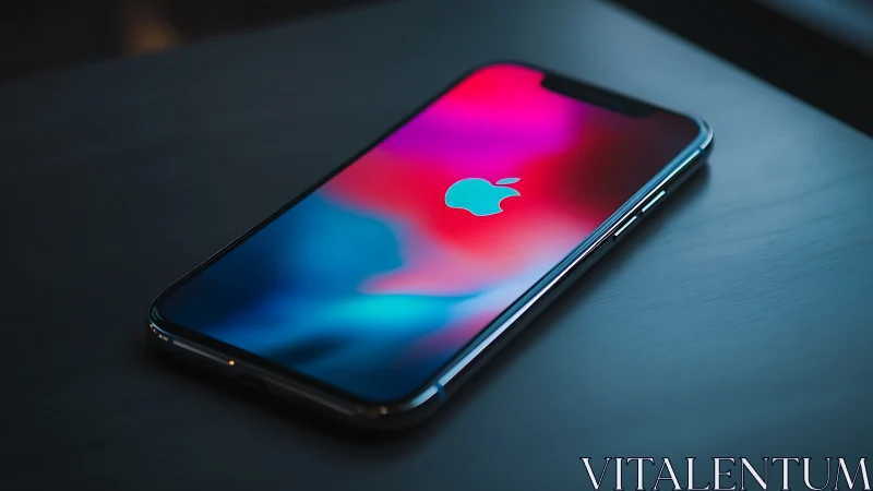 Luminous iPhone with Gradient Display Wallpaper Against Metallic Surface.