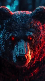 Glowing eyed bear stares through neon red and blue forest