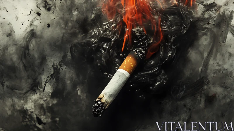 Combusting cigarette butt amid viscous soot and turbulent flame.