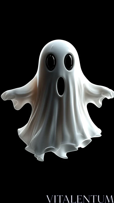 Playful glossy ghost floating in soft silvery ripples.