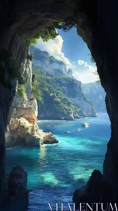 Sunlit sea cove framed by cliffs and tranquil blue water.