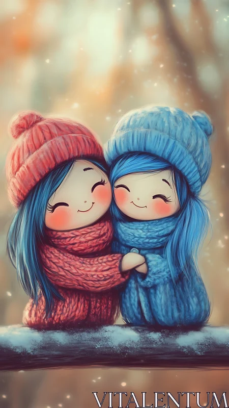 Winter Friends Embrace Warmth in Snowy Moment.