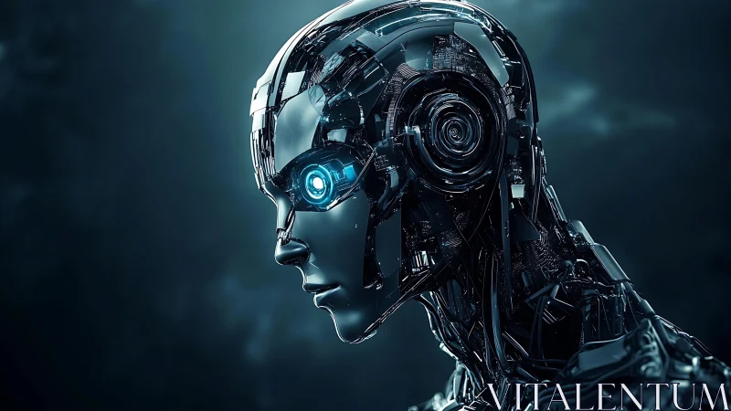 Futuristic chrome android head with illuminated blue eye.