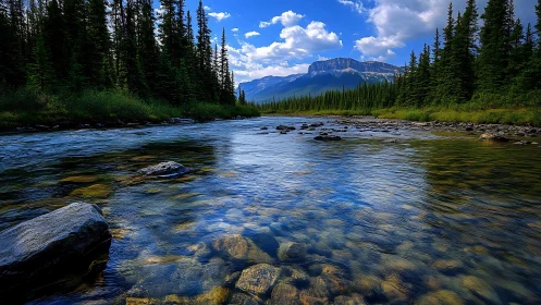 Gentle mountain river flows through evergreen forest valleys