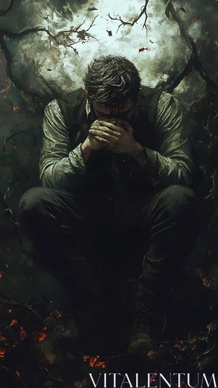 Solitary man seated amid dark branches and embers.