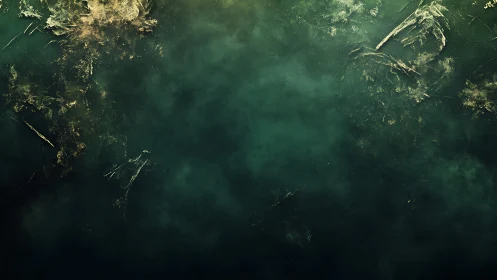 Emerald fog tapestry with ghostly golden fracture trails.