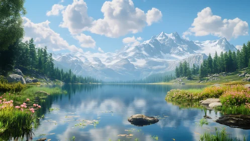 Peaceful mountain lake reflects bright skies and wildflower shore