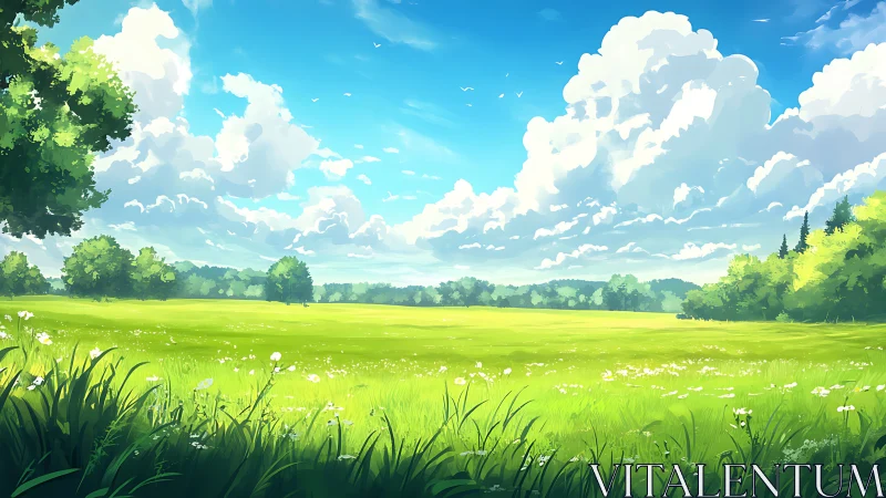 Open grassy field under cumulus cloud formations at midday.