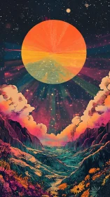 Radiant cosmic sunrise over a neon painted valley dreamscape.