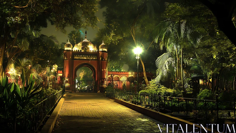 Illuminated park walkway leading to ornate gated archway.