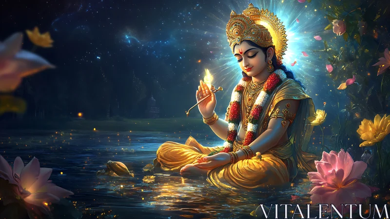 Divine child deity meditates by starlit lotus pond