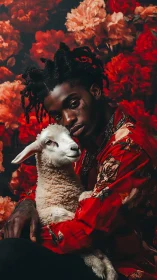Gentle embrace unites a man and lamb amid blooming crimson flowers