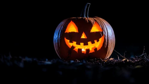 Low-key night photograph of illuminated carved Halloween pumpkin