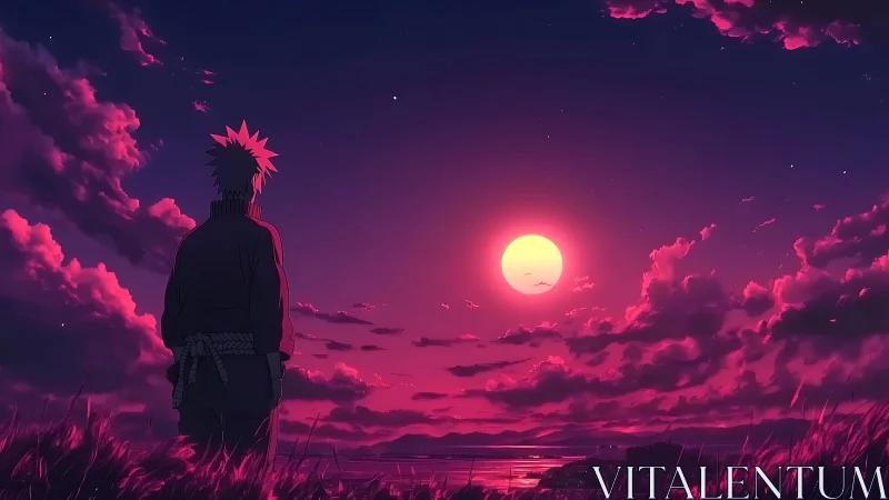 Silhouetted figure observing vivid magenta sunset sky.