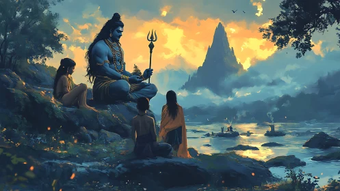 Mythic riverbank meditation unifying figures and radiant mountain