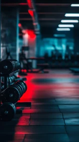 Low-key gym interior isolates dumbbell rack under neon red-blue contrast