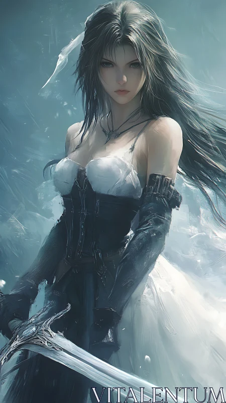 Storm-born warrior woman steadies her blade in soft light