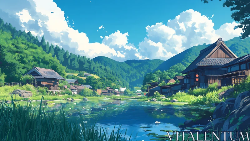 Lakeside Japanese village under cumulus clouds, summer midday