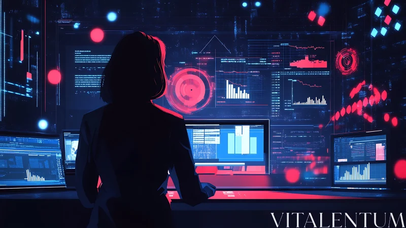 Data analyst at multi-screen workstation in neon control hub.