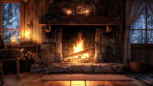 Glowing cabin fireplace softens a snowy winter night outside