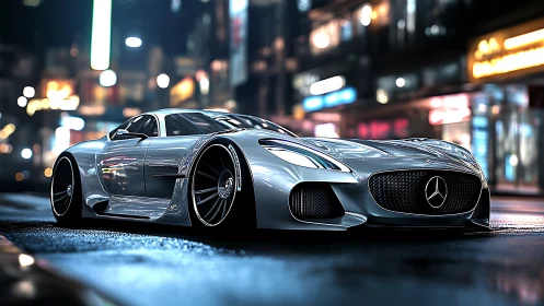 Futuristic silver supercar glides through neon city night streets
