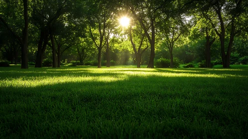 Sunlit green park lawn with trees and long soft shadows.