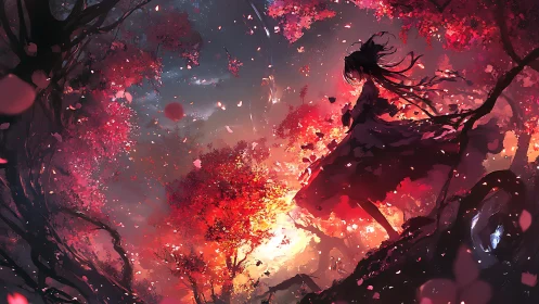 Silhouetted figure in red forest under glowing sky at dusk.