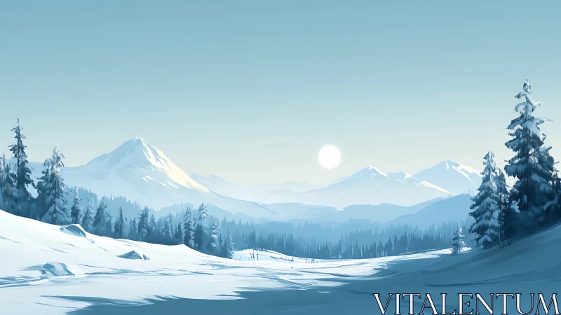 Silent blue sunrise over storybook winter mountainscape.