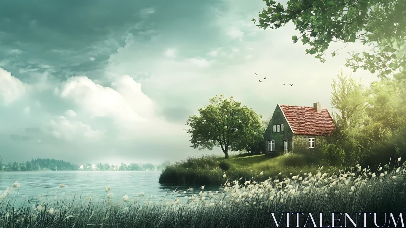 Lakeside cottage rests under soft stormlit summer skies