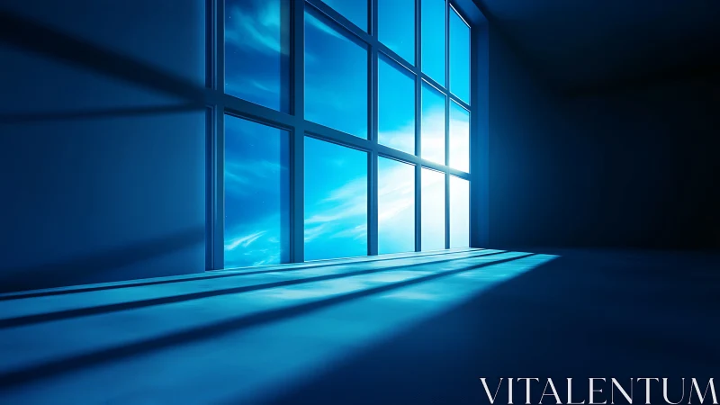 Sunlit blue interior where window shadows sculpt calm space.