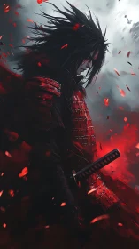 Samurai warrior in red armor amid swirling red embers.