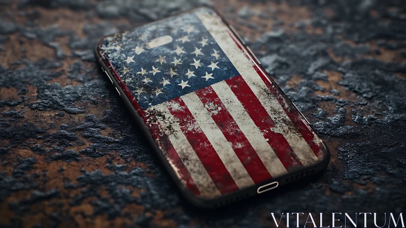 Weathered US flag phone case lies on corroded metal surface