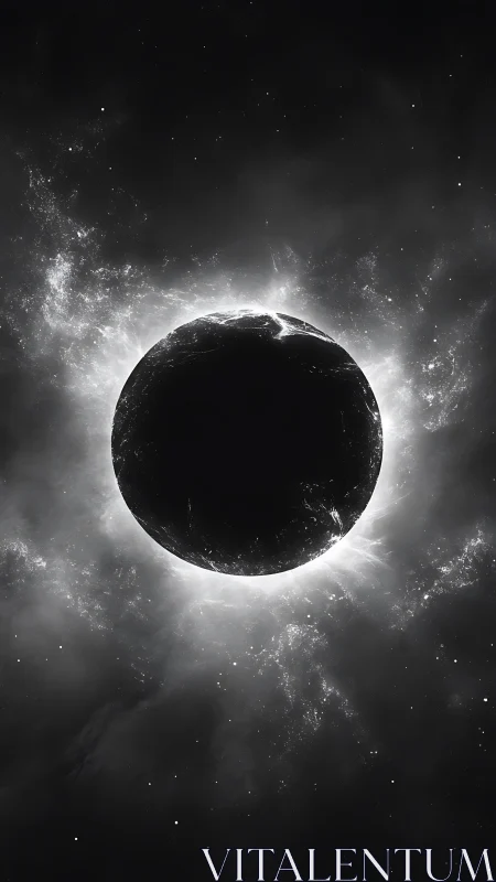 Luminous eclipse silhouette floats in a silent cosmic void.