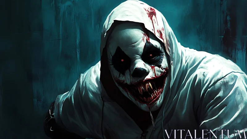 Bloodlit hooded nightmare clown grins through the dark.
